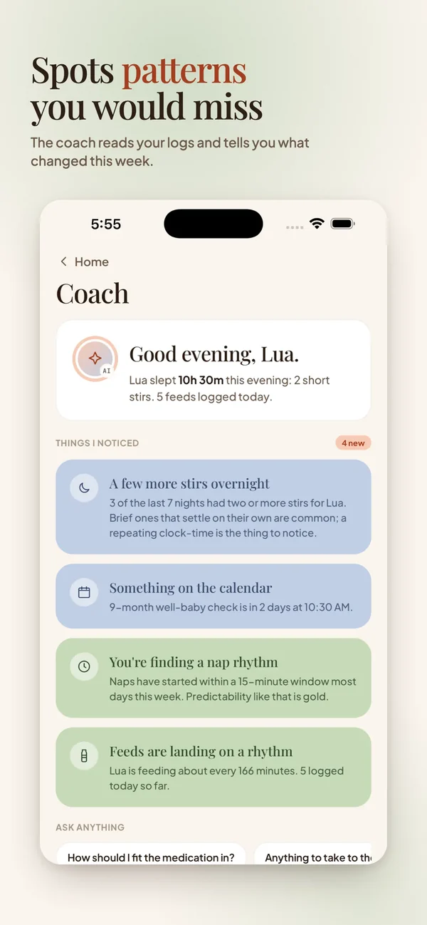 Lyapp Coach screen with cards of patterns found in the logs