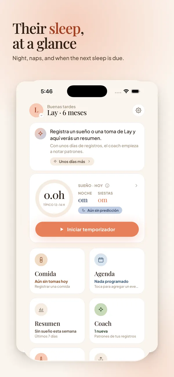 Lyapp home for Lay at 6 months, with an empty sleep ring and the button to start the timer