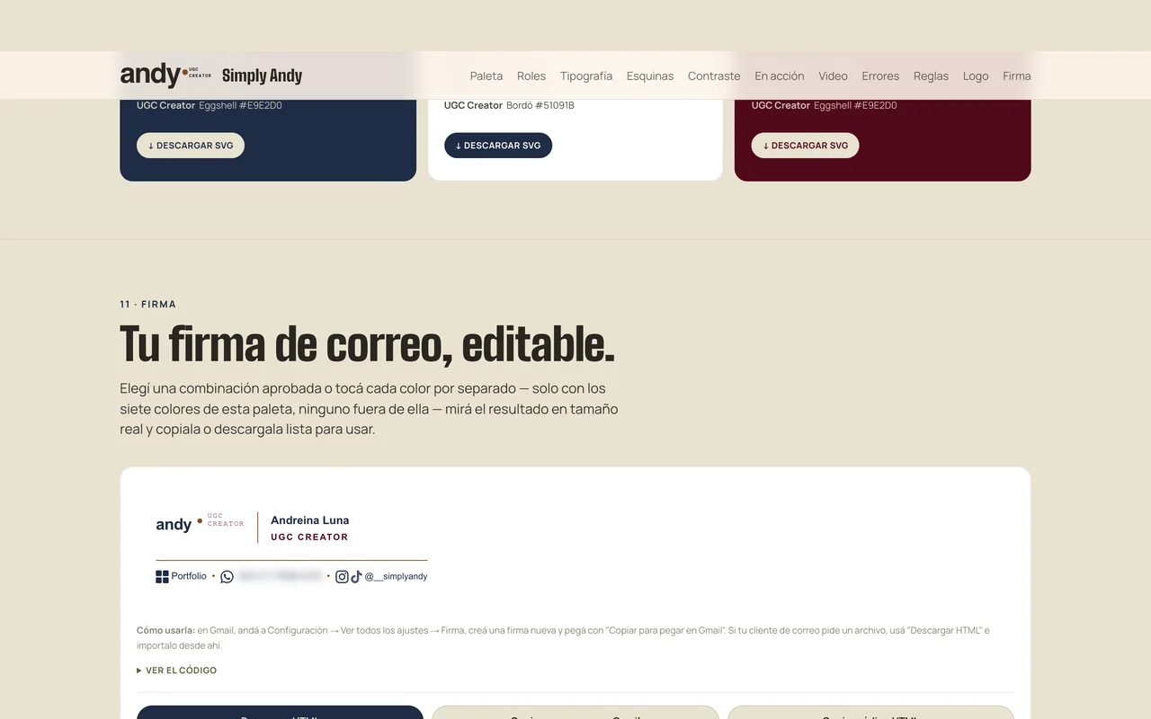 Email signature generator in the brand kit with color controls