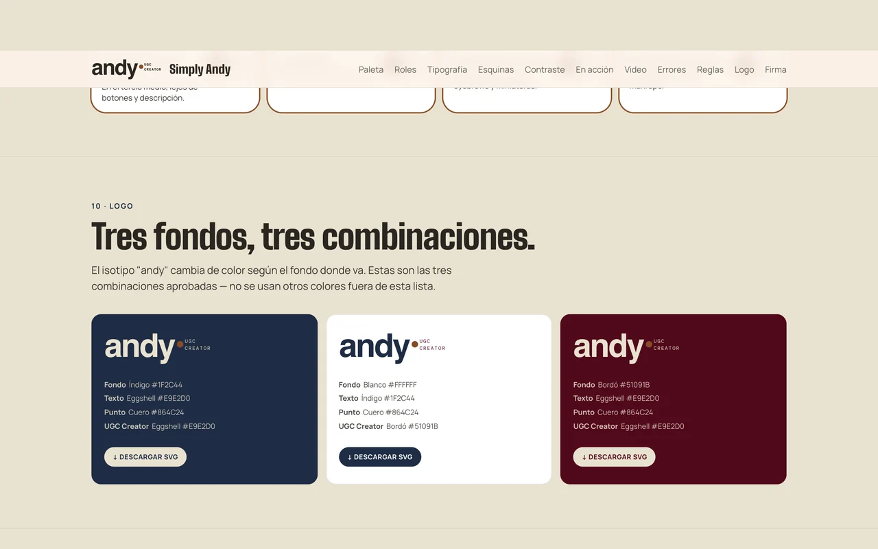 Three approved andy logo combinations on Índigo, White and Bordó backgrounds